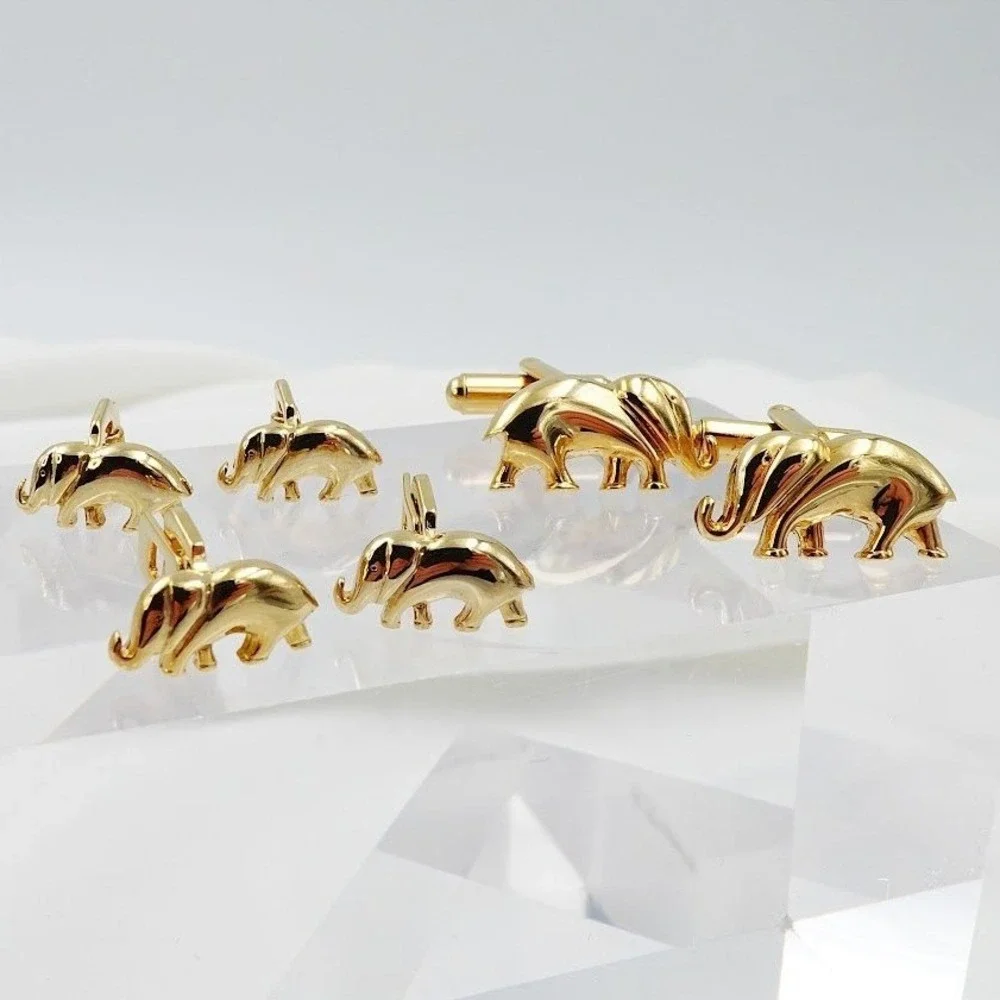 VTG Elephant Cufflinks Shirt Studs Set Gold Tone Formal Tuxedo USA Boxed